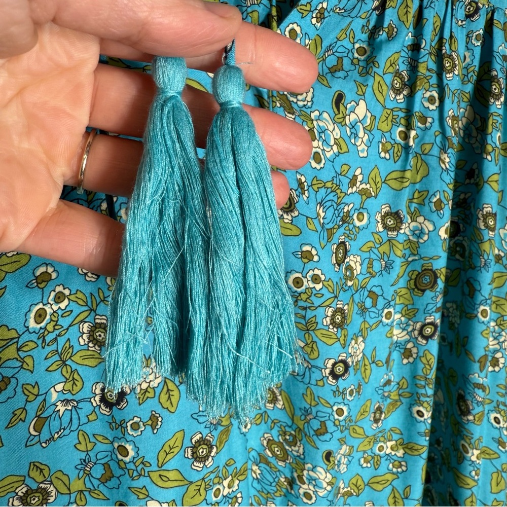 Natural Life Dara V-Neck Mini Dress Large Blue Green Tassels - Picture 5 of 8